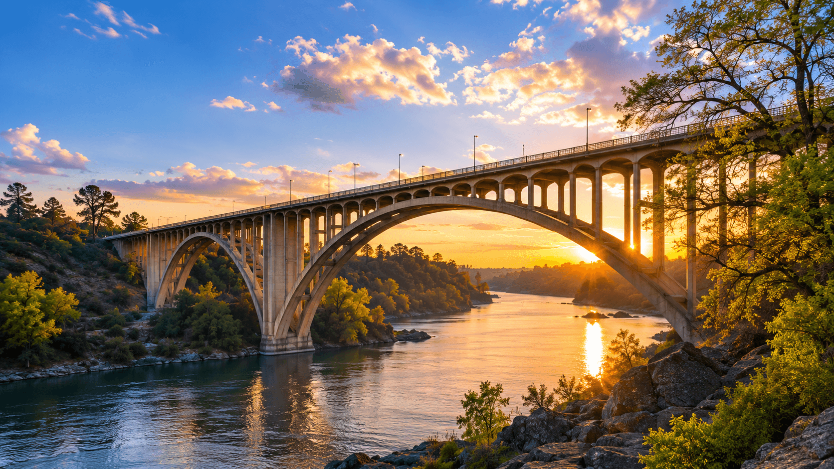 The Rainbow Bridge over the American River in Folsom at sunset